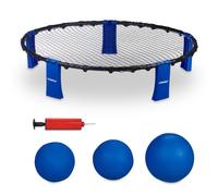 Relaxdays Set de Roundnet, Red Circular, 3 Pelotas, Inflador y Bolsa, Juego Deportivo Playa, Jardín, Parque, Negro/Azul, Nailon, 20 x 93 cm