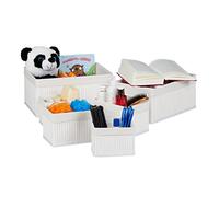 Relaxdays Set de Seis cestas de almacenaje, Funda de Tela, Bambú, Cuadrado y Rectangular, Organizador, Blanco