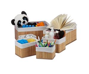 Relaxdays Set de seis cestas de almacenaje, Funda de tela, Bambú, Cuadrado y rectangular, Organizador, Natural