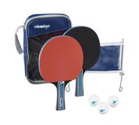 Relaxdays Juego Set de Tenis de Mesa, Funda y Red, 2 Palas de Madera, 3 Pelotas de Ping Pong, Mini Kit de Pimpón, Negro-Rojo, Caucho, 27 x 18 x 4,5 cm