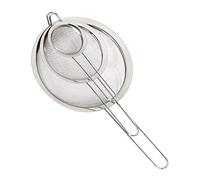 Relaxdays Set de tres coladores, ∅ 7, 12 & 18 cm, Con mango, Tamiz para harina, Acero inox