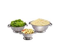 Relaxdays Set de tres coladores, Escurridor de pasta, Ø 15 cm, 20 cm & 25 cm, Acero inoxidable, Con asas, Plateado