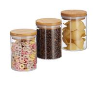 Relaxdays Envases para Alimentos, Set de recipientes, 600 ml, 14x9,5 cm, Redondos, Tapa de bambú, 3 Uds