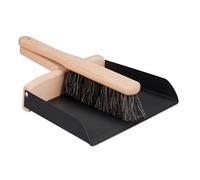 Relaxdays Juego de 2 Piezas Escoba Mano y Recogedor Bordes Altos, Set Barrido Hogar y Camping, Metal y Madera de Haya, Negro/Natural, 6 x 24 x 31 cm