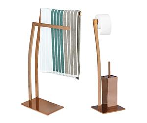 Relaxdays Set Escobillero Portarrollos y Toallero de Pie Rectangular WIMEDO, 2 Unidades, Acero Inoxidable, Cobre