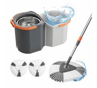 Relaxdays Set fregona, Cubo 7,5 L y escurridor apilable Giratorio, Gris | 25 x 28 x 54 cm, 2 cabezales de microfibra