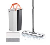 Set fregona Relaxdays, Cubo 6,5 L con escurridor, 2 cámaras, apilable, 45,5x22x29 cm, 2 paños Microfibra, Gris