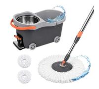 Relaxdays Set fregona, Cubo de 16L con escurridor y Carro con Pedal, Gris | 29,5x30x50 cm, 2 cabezales de microfibra