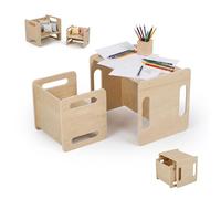 Relaxdays Set Infantil 2 Piezas, Mesa y Taburete, Madera, Estilo Montessori, habitación Infantil, Natural