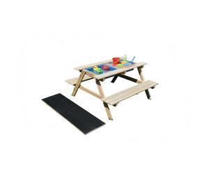 Relaxdays Set Infantil de Madera 3 en 1: Mesa de Juego, Cocina y Picnic, Pizarra, 48,5x89x85 cm, Natural