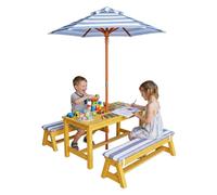 Relaxdays Set infantil mesa y bancos con parasol blanco,azul,marrón claro