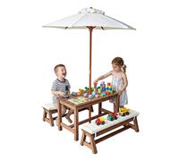Relaxdays Set infantil mesa y bancos con parasol blanco,marrón,oro