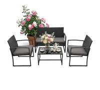 Relaxdays Set jardín 4 pzs ratán, 4 pers., Banco 2 plazas, 2 sillas, Mesa de Cristal, Lounge Exterior, Negro