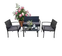 Relaxdays Set jardín de ratán para 4 Personas, Banco 2 plazas, 2 sillas y Mesa de Cristal, 78x106x58 cm, Negro