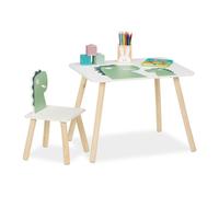 Relaxdays Set mesa y silla infantil con dinosaurio blanco,verde,marrón claro