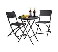 Relaxdays Set Mesa y Sillas Jardín Bastian, Plegable, 3 Unidades, Efecto Ratán, Muebles Exterior, 75,5x60x60 cm, Negro