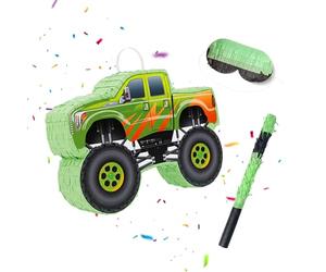 Relaxdays Set piñata, 3 pzas., monster truck, para colgar, verde | Niños y niñas, con palo y máscara, sin relleno