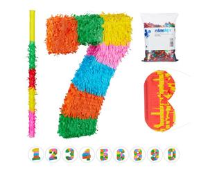 Relaxdays Set piñata de número 7 con 3 accesorios verde,naranja,fucsia