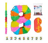 Relaxdays Set piñata de número 8 con 3 accesorios amarillo,verde,fucsia