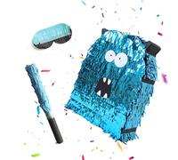 Relaxdays Set piñata Monster con Accesorios, Palo y Antifaz, Cinta para Colgar, Fiestas, Azul Brillante
