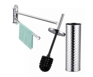 Relaxdays Set portaescobilla WC y toallero, 2 Brazos giratorios, Plata | Acero inoxidable, cabezal recambio, 38x9,5x9,5cm