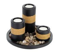 Relaxdays Set Portavelas con Bandeja y Piedras Decorativas, Ø 19,5 cm, 3 Velitas, Decoración de Mesa, Negro/Marrón