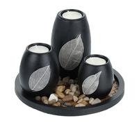 Relaxdays Set Portavelas con Bandeja y Piedras Decorativas, Ø 19,5 cm, 3 Velitas, Decoración de Mesa, Negro/Marrón