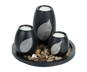 Relaxdays Set Portavelas con Bandeja y Piedras Decorativas, Ø 19,5 cm, 3 Velitas, Decoración de Mesa, Negro/Marrón
