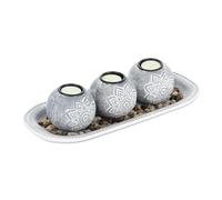Relaxdays Set Portavelas con Bandeja y Piedras Decorativas, 35 cm de Largo, 3 Velitas, Decoración de Mesa, Gris/Blanco