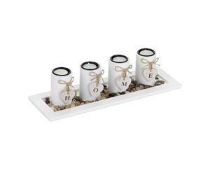 Relaxdays Set Portavelas con Bandeja y Piedras Decorativas, 39,5 cm de Largo, 4 Velitas, Decoración de Mesa, Blanco