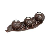 Relaxdays Set Portavelas con Bandeja y Piedras Decorativas, 50,5 cm de Largo, 3 Velitas, Decoración de Mesa, Marrón