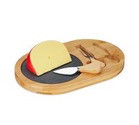 Relaxdays Set Tabla de Quesos, Bandeja Embutidos con 2 Cubiertos, Plato Pizarra, 28 x 18 cm, Bambú, Natural y Negro, Acero Inoxidable