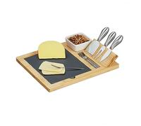 Relaxdays Set Tabla de Quesos, Bandeja Embutidos y Aperitivos, 3 Cuchillos, Plato Pizarra, Cuenco, 4 Tenedores, Natural