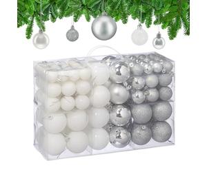 Relaxdays Setv100 Bolas Árbol Navidad, Decoración Navideña, Mate, Brillante y con Purpurina ∅ 3, 4 y 6 cm, Plata/Blanco