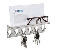 Relaxdays Silbernes Schlüsselbrett Colgador de Llaves, 6 Ganchos y Balda, Diseño Moderno, 7 x 24,5 x 5 cm, Acero, Pasillo o Recibidor, Plateado, Inoxidable