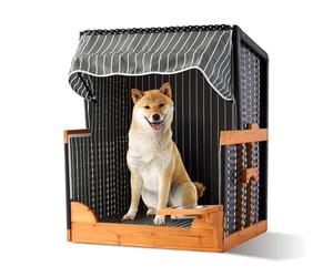 Relaxdays Silla Playera para Perros con comedero, ratán, con Dosel, 95x75x65 cm, Madera Gris