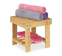 Relaxdays Small Footstool with Shelf Taburete de Baño de Bambú, Banquillo Madera, Resiste hasta 100 kg, para Cocina, 24,5 x 25 x 27 cm, Natural