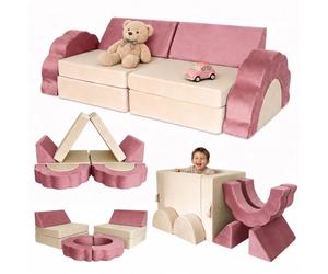 Relaxdays sofá Infantil Modular de 10 pzs. Bloques de Espuma Suaves, Rosa | sofá de juegos terciopelo, 47x150x65 cm