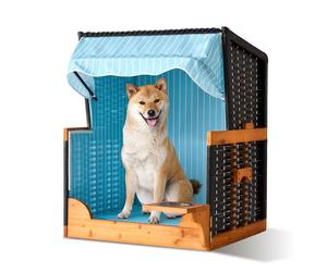 Relaxdays Sofá playero perros madera/ratán + bowl azul claro,marrón claro,negro