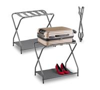 Relaxdays Soporte de Maletas, Set 2, Plegable, 58x66x38 cm, Portamaletas con Balda, Hotel, Acero, Reposa Equipaje, Gris