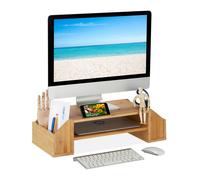 Relaxdays Soporte Monitor Bambú con Balda y Organizador Vertical, 16x57,5x25 cm, Elevador Pantalla PC, Madera Natural