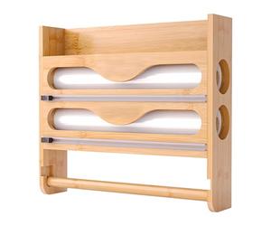 Relaxdays Soporte de Pared 3 en 1 para Rollos de Cocina, Aluminio y Film, bambú, HxAnxProf: 27 x 35 x 7 cm, Natural
