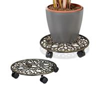 Relaxdays Soporte Macetas con Ruedas, Set 2, Redondo, Diseño Antiguo, Hierro Fundido, 7,5 x 34 cm, Plato Plantas, Bronce, Plástico