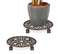 Relaxdays Soporte Macetas con Ruedas, Set 2, Redondo, Diseño Antiguo, Hierro Fundido, 7,5 x 34 cm, Plato Plantas, Marrón, Plástico