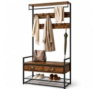 Relaxdays Soporte, marrón/Negro | Zapatero, 2 cajones, barra para ropa, 10 ganchos, 2 estantes, Al x An x Fon 181 x 80 x 30 cm, MDF, metal, perchero industrial