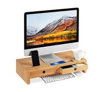 Relaxdays Soporte Monitor, Elevador con 2 Cajones para Escritorio, de Bambú, Oficina, 12 x 56 x 27 cm, Marrón Natural