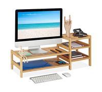 Relaxdays Soporte Monitor PC con 5 Baldas, Elevador Pantalla Escritorio, Bambú, 33x80x30 cm, Base Monitor Madera Natural
