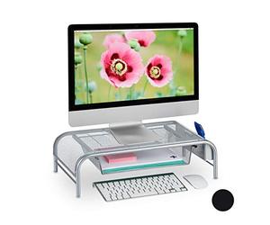 Relaxdays Soporte Monitor y Portátil hasta 29" con Estante y 2 Compartimentos Laterales, Plateado, 15 x 51 x 29,5 cm