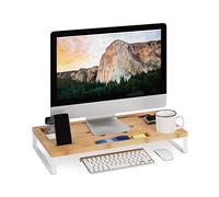 Relaxdays Soporte Monitor y Portátil para Escritorio, Madera de Bambú y Hierro, Blanco, 9 x 60 x 30 cm