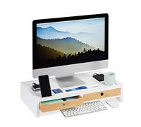 Relaxdays Soporte Monitor y Portátil XL con 2 Cajones, Bambú y DM, Blanco, 11 x 58,5 x 32,5 cm